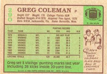 1984 Topps #290 Greg Coleman Back