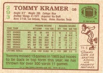 1984 Topps #293 Tommy Kramer Back