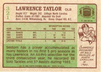 1984 Topps #321 Lawrence Taylor Back