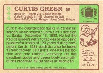 1984 Topps #344 Curtis Greer Back