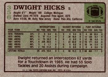 1984 Topps #356 Dwight Hicks Back