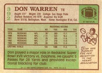 1984 Topps #392 Don Warren Back