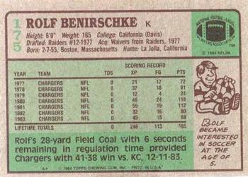 1984 Topps #175 Rolf Benirschke Back