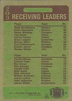 1984 Topps #203 1983 Receiving Leaders (Todd Christensen / Charlie Brown / Earnest Gray / Roy Green) Back