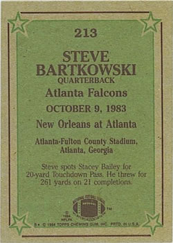1984 Topps #213 Steve Bartkowski Back