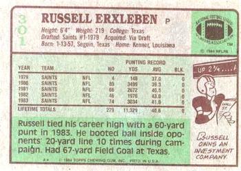 1984 Topps #301 Russell Erxleben Back
