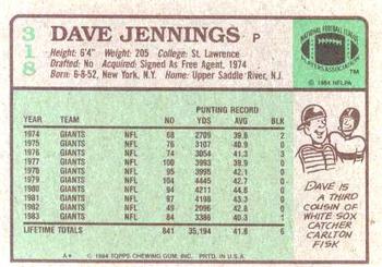 1984 Topps #318 Dave Jennings Back