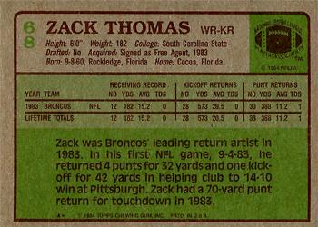 1984 Topps #68 Zach Thomas Back