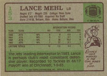 1984 Topps #153 Lance Mehl Back