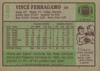 1984 Topps #283 Vince Ferragamo Back