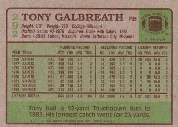 1984 Topps #292 Tony Galbreath Back