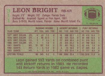 1984 Topps #311 Leon Bright Back