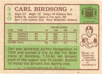 1984 Topps #340 Carl Birdsong Back