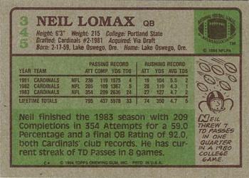 1984 Topps #345 Neil Lomax Back