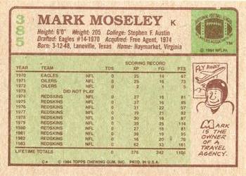 1984 Topps #385 Mark Moseley Back