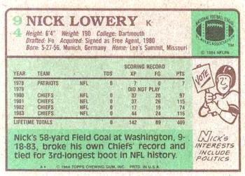 1984 Topps #94 Nick Lowery Back