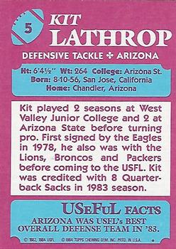 1984 Topps USFL #5 Kit Lathrop Back
