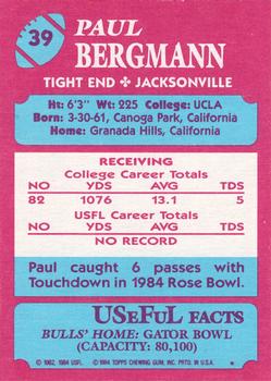 1984 Topps USFL #39 Paul Bergmann Back