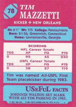 1984 Topps USFL #78 Tim Mazzetti Back