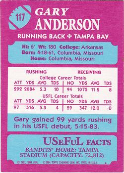1984 Topps USFL #117 Gary Anderson Back
