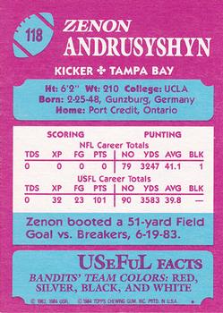 1984 Topps USFL #118 Zenon Andrusyshyn Back