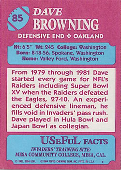 1984 Topps USFL #85 Dave Browning Back