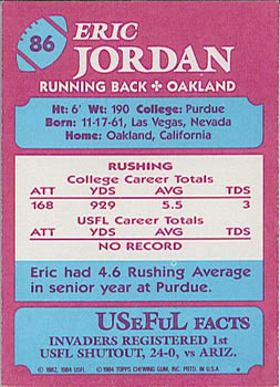 1984 Topps USFL #86 Eric Jordan Back
