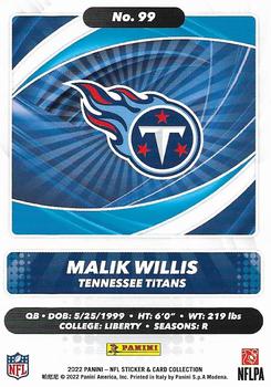 2022 Panini Sticker & Card Collection - Cards #99 Malik Willis Back