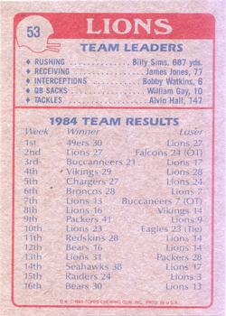 1985 Topps #53 Lions Team Leaders Back