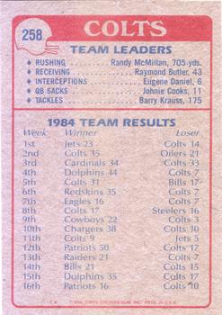 1985 Topps #258 Colts Team Leaders Back