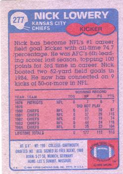 1985 Topps #277 Nick Lowery Back