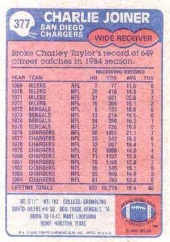 1985 Topps #377 Charlie Joiner Back