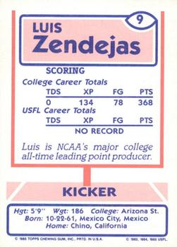 1985 Topps USFL #9 Luis Zendejas Back