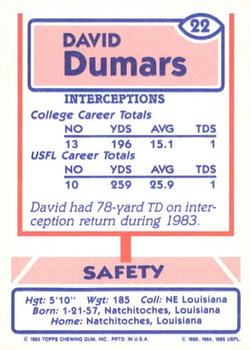 1985 Topps USFL #22 David Dumars Back