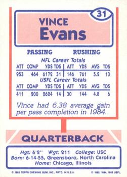 1985 Topps USFL #31 Vince Evans Back