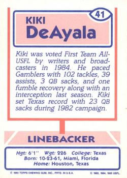 1985 Topps USFL #41 Kiki DeAyala Back