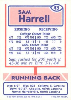1985 Topps USFL #43 Sam Harrell Back