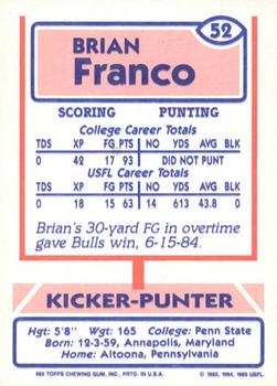 1985 Topps USFL #52 Brian Franco Back