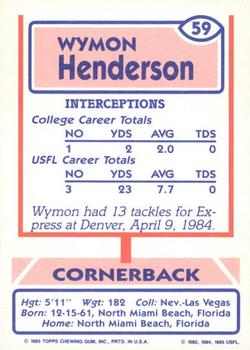 1985 Topps USFL #59 Wymon Henderson Back