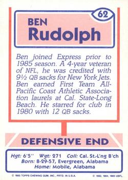 1985 Topps USFL #62 Ben Rudolph Back