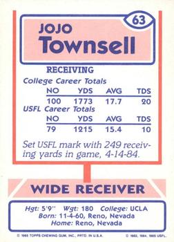 1985 Topps USFL #63 JoJo Townsell Back
