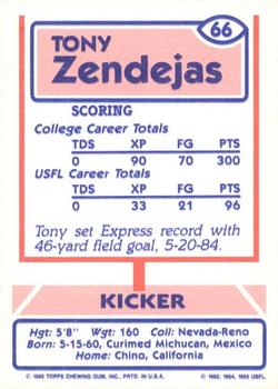 1985 Topps USFL #66 Tony Zendejas Back