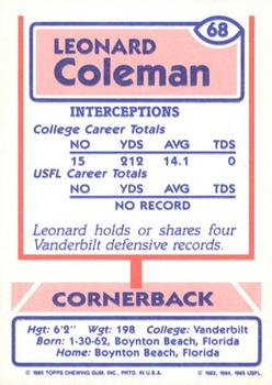 1985 Topps USFL #68 Leonard Coleman Back