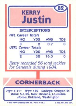 1985 Topps USFL #82 Kerry Justin Back