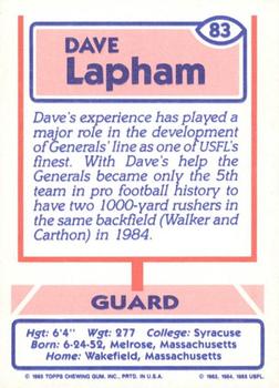 1985 Topps USFL #83 Dave Lapham Back