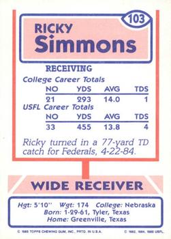 1985 Topps USFL #103 Ricky Simmons Back