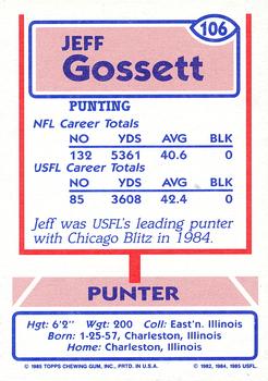 1985 Topps USFL #106 Jeff Gossett Back