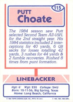 1985 Topps USFL #115 Putt Choate Back
