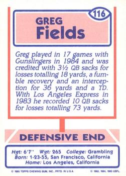 1985 Topps USFL #116 Greg Fields Back