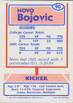 1985 Topps USFL #90 Novo Bojovic Back